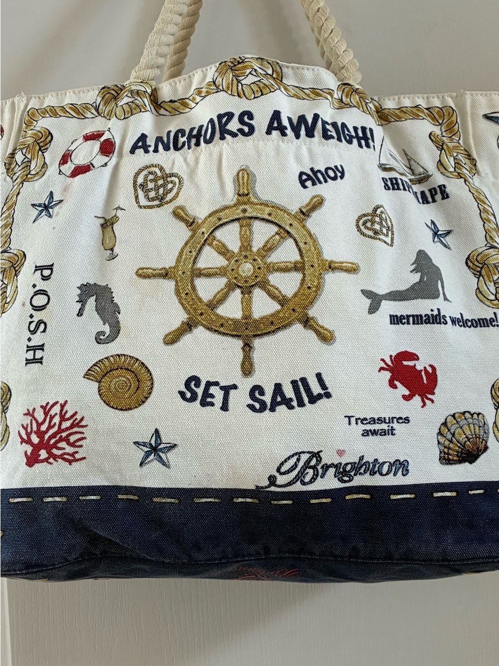 Brighton Nautical Canvas Tote in White, Navy and Gold Accents